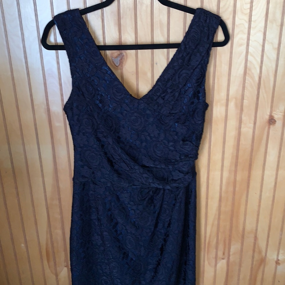 REISS Black lace sleeveless cocktail dress with sapphire blue lining size 12